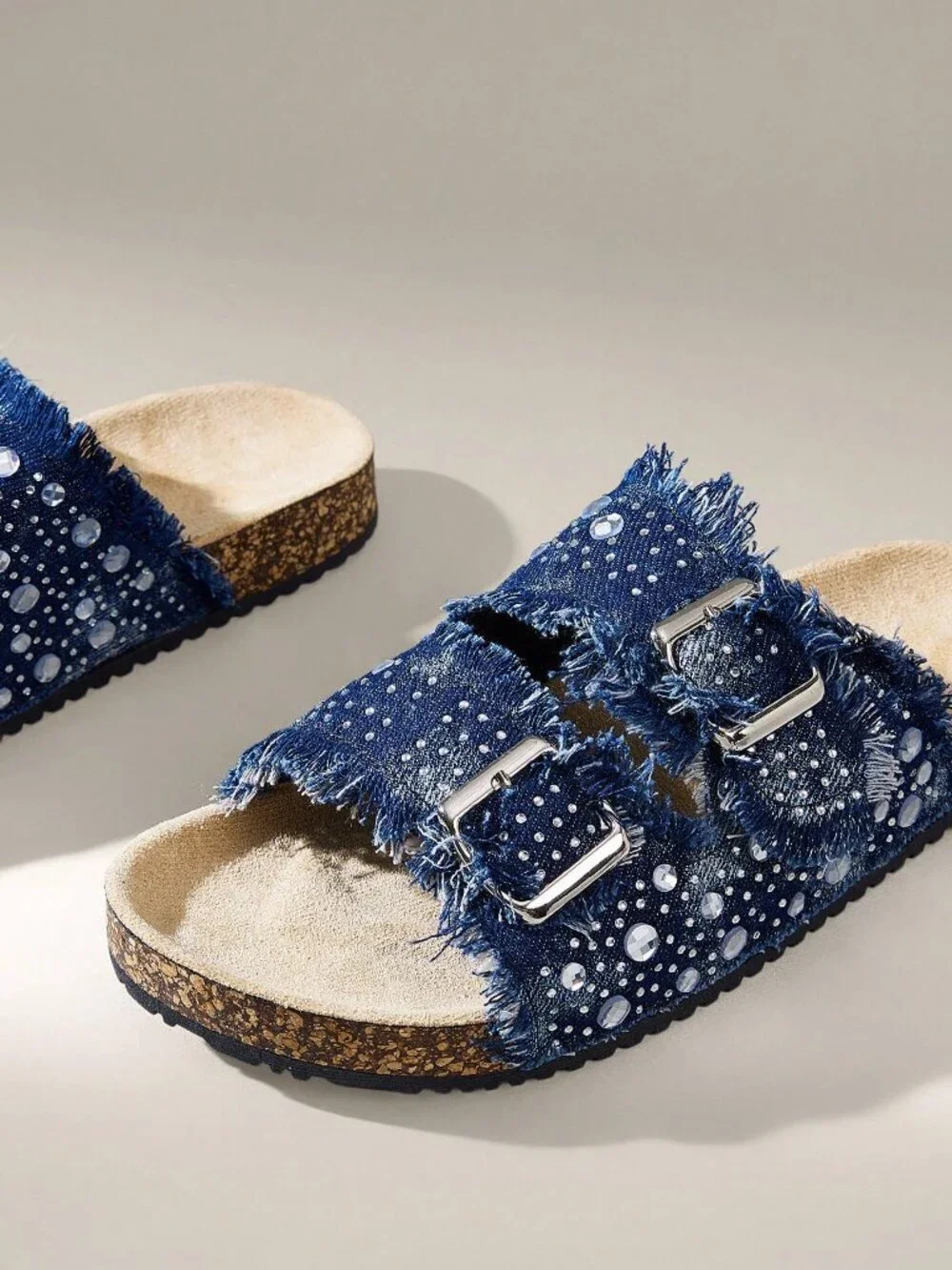 Navy Blue Street Women's Round-Toe Tassel Double Buckle Flat Bottom Shoes